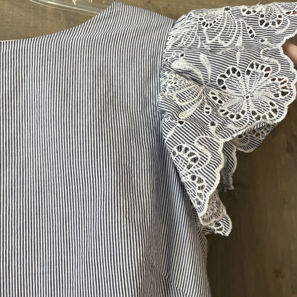 Ralph Lauren Dress Women's Size 12 Blue White Stripe Flutter Sleeve Eyelet Lined - Picture 3 of 16
